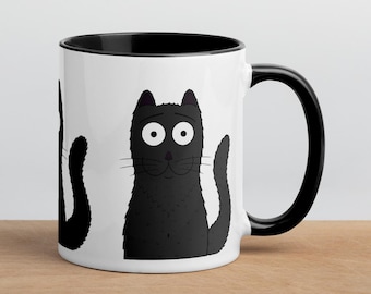 Taza de café con un lindo gato de dibujos animados / Taza con detalles en negro / Taza de cerámica con forma de gato / Regalo para amantes de los gatos / Taza de té / Positivo con Paz