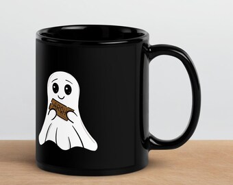 Taza de fantasma adorable, taza de café divertida con diseño de fantasma, taza de cerámica negra adorable y espeluznante, taza de fantasma de Halloween, regalo para amantes de los fantasmas, taza de 325 ml (11 oz)