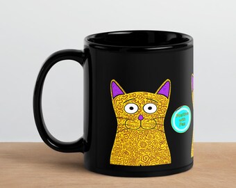 Taza con diseño de gato adorable, taza de café con gato de dibujos animados amarillo, taza de cerámica negra divertida, regalo para amantes de los gatos, taza con diseño de gato original, arte de garabatos, taza de 325 ml (11 oz)