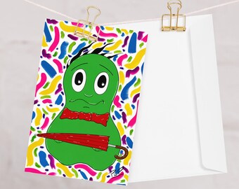 Tarjeta de felicitación adorable, tarjeta con personaje divertido, tarjeta de felicitación en blanco, tarjeta con diseño original y colorido, papelería original, tarjetas de agradecimiento inusuales.