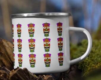 Taza de esmalte con diseño Tiki / Taza de café para acampar / Taza tropical para acampar / Taza para senderismo al aire libre / Regalo de playa / Positivo con Paz