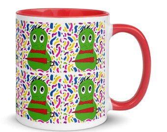 Taza con personaje adorable, taza de café con dibujos animados divertidos, taza de cerámica colorida, taza con detalles rojos, taza de café original, regalo con personaje original