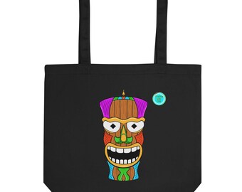 Bolso tote Tiki, bolso de compras tropical, bolso tote de algodón orgánico, bolso estilo hawaiano, bolso de playa colorido, bolsa de compras ecológica
