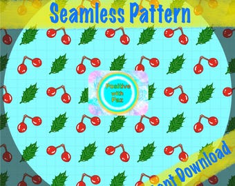 Holly Berries Seamless Pattern, Blue Winter Fabric Design (Digital Download)
