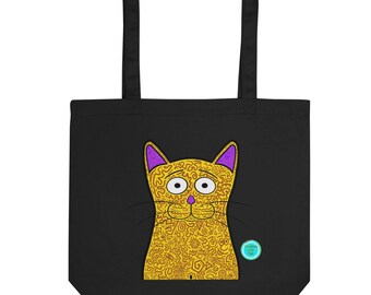 Bolso de mano con diseño de gato, bolsa de compras de algodón orgánico, regalo para amantes de los gatos, bolso de lona negro, bolsa de supermercado reutilizable, diseño original de gato.