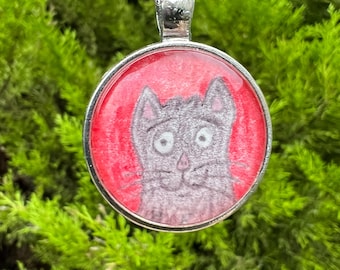 Hand Drawn Cat Art Pendant Necklace: Whimsical Cartoon Jewellery