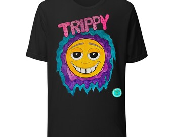 Camiseta psicodélica con carita sonriente, camiseta gráfica psicodélica, camiseta colorida para festivales, camiseta retro con carita feliz, ropa para fiestas rave, camiseta unisex