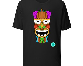 Camiseta Tiki Face, camiseta con estampado tropical, camiseta estilo hawaiano, camiseta de playa de verano, arte isleño colorido, camiseta gráfica unisex