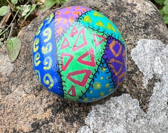 Patchwork Painted Rock: Whimsical Acrylic Art, Home & Garden Decor