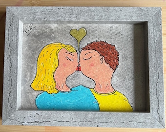 Original Couple Kiss Painting – Metallic Background Illustration Art