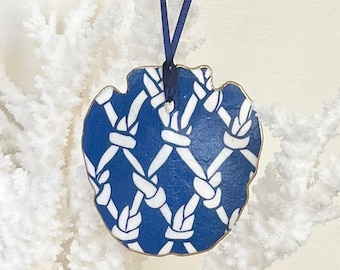 Sand Dollar Ornament - Decoupaged with a Nautical Navy Motif - Gift Wrap Available - beach decor coastal Christmas wedding shower favor