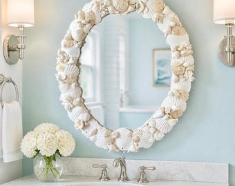 Real Seashell Mirror - Natural Shells and Coral Coastal Mirror Sea shell Mirror, Coastal Home Bathroom Decor (20" x 26") | Nautical Mirror