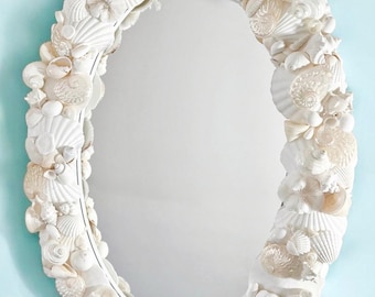 Seashell Mirror – Ready to Ship - 20" x 28" Coastal Bathroom Decor, Natural Shells and Coral