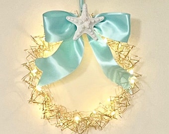 Starfish Wreath - Real Starfish on a Lit Gold Wired Wreath  - coastal beach decor bathroom decor Christmas