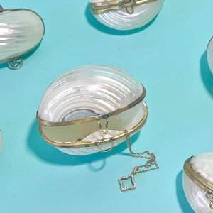 Może przedstawiać: Sześć białych torebek z muszli perłowej z pozłacanymi metalowymi zapięciami i łańcuszkami. Torebki są ułożone na jasnoniebieskim tle.