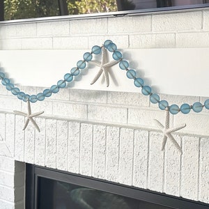 Beach Decor Garland - Large Blue or Aqua Glass Balls with Natural Starfish  - Coastal Star fish Beach Wedding Decor