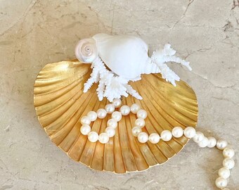Beach Decor - Gold Embellished Clam Shell with Shells and Coral  - jewelry tray bathroom decor seashells sea shells coastal decor soap dish