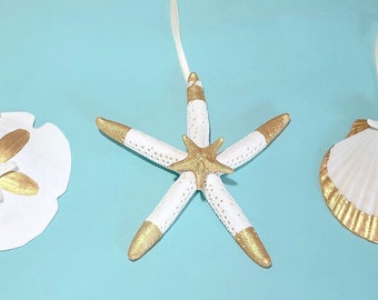 Beach Christmas Ornaments - Hand-Painted Gold or Aqua-Edged Sea Life - Set of 3 - Xmas coastal sea shells seashells wedding favors starfish