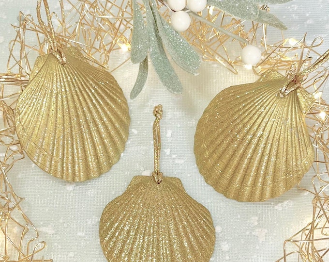 Beach Ornaments - 3 Hand-Painted and Glittered Gold or Silver Shells  - Christmas Xmas ornaments coastal sea shells seashells