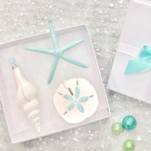 Beach Christmas Ornaments Gift Boxed Set of 3 Ornaments Natural Starfish, Sand Dollar & Spindle Shell coastal Xmas gift image 3