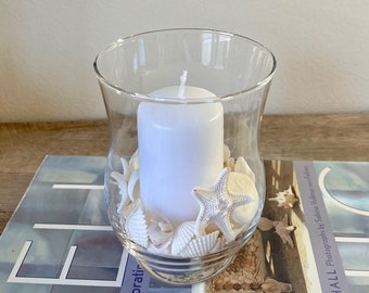 Glass Hurricane with Shells and Candle - 5" beach coastal decor patio candles