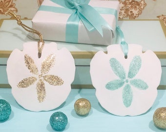 Set of 4 Hanging Sand Dollars 3-3.5 for Beach Wedding Decor Sand Dollars Ornaments Baby Blue Ribbon