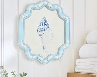 Blue Scalloped Shell Frame with Real Seashells | Coastal Wall Art | Beach House Decor | Ocean-Inspired Art | Nautical Home (11.75" x 14")
