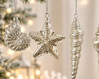 Large Seashell Christmas Tree Ornaments  (4"-8")  Antique Silver Glass | Coastal | Beach | Nautical