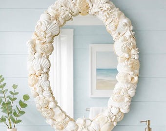 Oval Seashell Mirror - Ready to Ship - Natural Shells and Coral, Coastal Home Bathroom Decor (20" x 29")