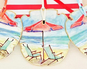 Sand Dollar Ornament - Decoupaged with a Beach Chair Motif - Personalization Available-beach decor coastal Christmas wedding shower favor