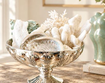 Silver Bowl with Sea Life - Coastal-Nautical-Seashells-Beach Decor-Sea Shell Decor-Seashell Bowl-Coral