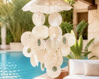 Capiz Shell Wind Chime - outdoor accessory, coastal beach tropical decor | Genuine Real seashell wind chime - Choose 35" or 12"
