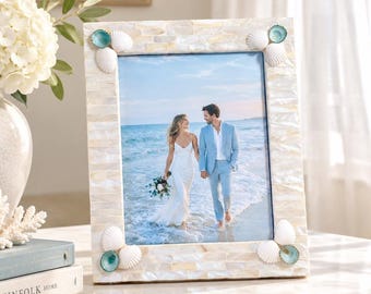 Mother of Pearl Photo Frame with Real Seashell Border (8" x 10" photo) Luxury Coastal Decor, Beach House Accent, Wedding Frame Gift