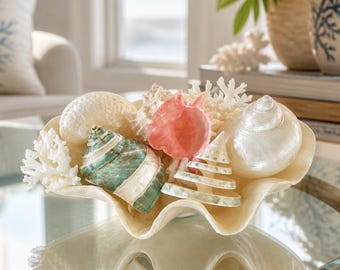 Capiz Shell Bowl with Sea Life (10.5") Seashells-Beach Decor-Sea Shell Decor-Seashell Bowl-Starfish-Coral