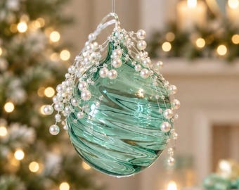 Coastal Christmas Ornament – Ocean Blue Glass Beaded Tree Decoration, Nautical Holiday Decor, Beach Xmas Ornament Gift