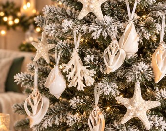 Natural Seashell, Starfish and Coral Christmas Ornaments (Ten 2"-3") Coastal Beach Decor Mini Ornaments