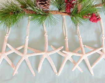 Beach Christmas Ornaments - Set of 6 Real Starfish Ornaments - 7 Ribbon/Jute Choices - Coastal Xmas Shell Ornament