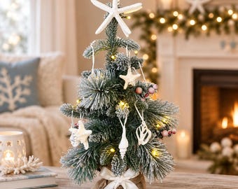 Lighted Coastal Tabletop Christmas Tree with Real Seashells & Starfish Topper (12" x 20") - beach nautical decor holiday decoration