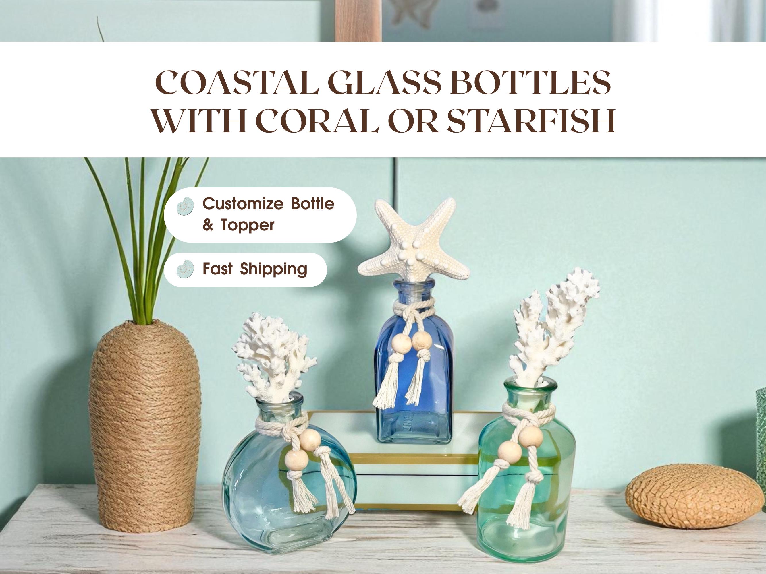Coastal Glass Bottle – CHOOSE YOUR STYLE, Nautical Beach Accent with Real Coral or Starfish, Ocean Shelf Styling, Wedding Centerpiece Ideas