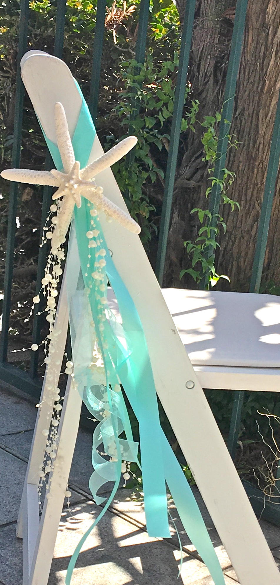 Beach Wedding Decor Set of 10 Chair Decorations with Starfish, Satin and Sheer Ribbons + Beaded Garland - 24 Ribbon Choices - coastal decor