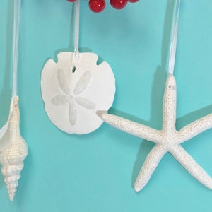 Beach Christmas Ornaments Set of 3 Glittered Natural Starfish, Sand Dollar & Spindle Shell coastal Xmas gift image 1