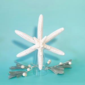 May include: White starfish Christmas tree topper with a clear plastic stand and silver sprigs of faux mistletoe.