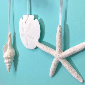 Beach Christmas Ornaments Set of 3 Glittered Natural Starfish, Sand Dollar & Spindle Shell coastal Xmas gift image 2