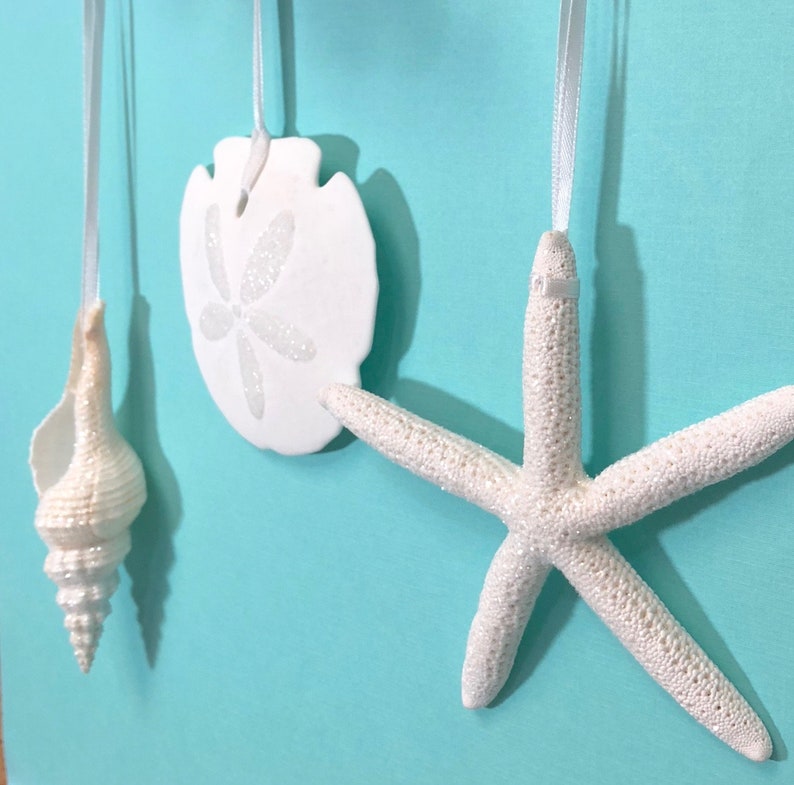 Beach Christmas Ornaments Set of 3 Glittered Natural Starfish, Sand Dollar & Spindle Shell coastal Xmas gift image 2