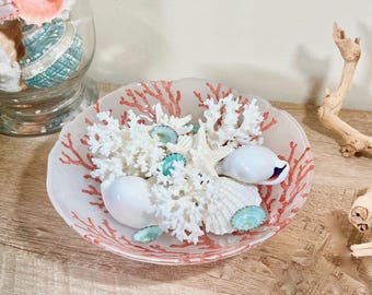 Glass Coral Design Bowl with Shells and Coral - Seashells-Beach Decor-Coral Centerpiece
