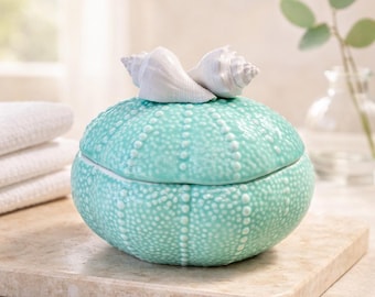 Aqua Urchin Ceramic Trinket Dish with Shell Lid – Beach Lover's Bathroom Decor