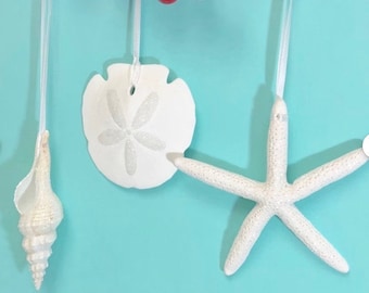 Beach Christmas Ornaments, Set of 3 Glittered Natural Starfish, Sand Dollar & Spindle Shell
