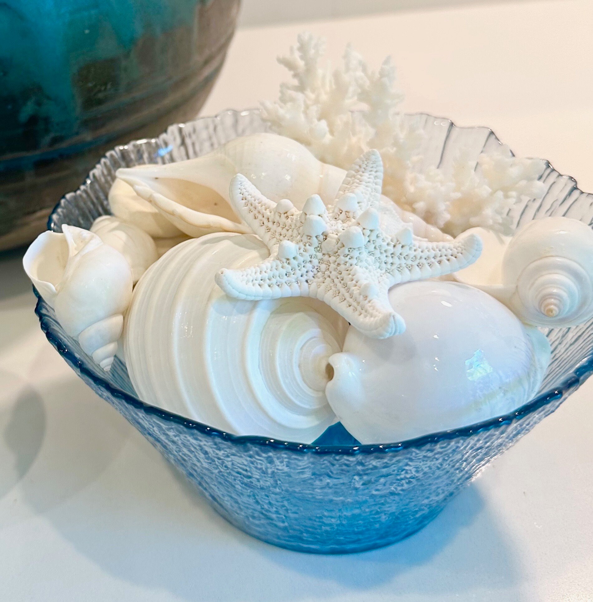 Blue Glass Bowl With Optional Shells, Coral and Starfish Home  Decor/coastal/beach/coffee Table Decor 