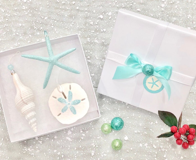 Beach Christmas Ornaments Gift Boxed Set of 3 Ornaments Natural Starfish, Sand Dollar & Spindle Shell coastal Xmas gift image 3