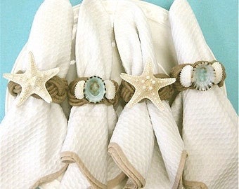 Beach Decor - Seashell and Starfish Napkin Rings - Seashells blue aqua table sea shells table decor setting